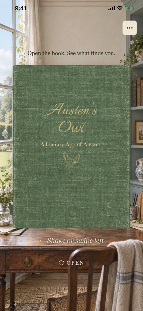 Austen’s Owl: a moss-green cloth book with gold lettering, ready to open in a sunlit room